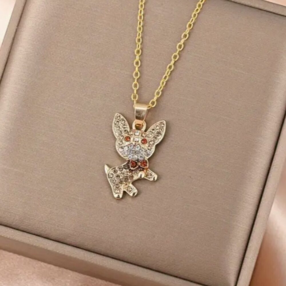 Cute Chihuahua Puppy Rhinestone Pendant Pet Lovers Goldplated Necklace
